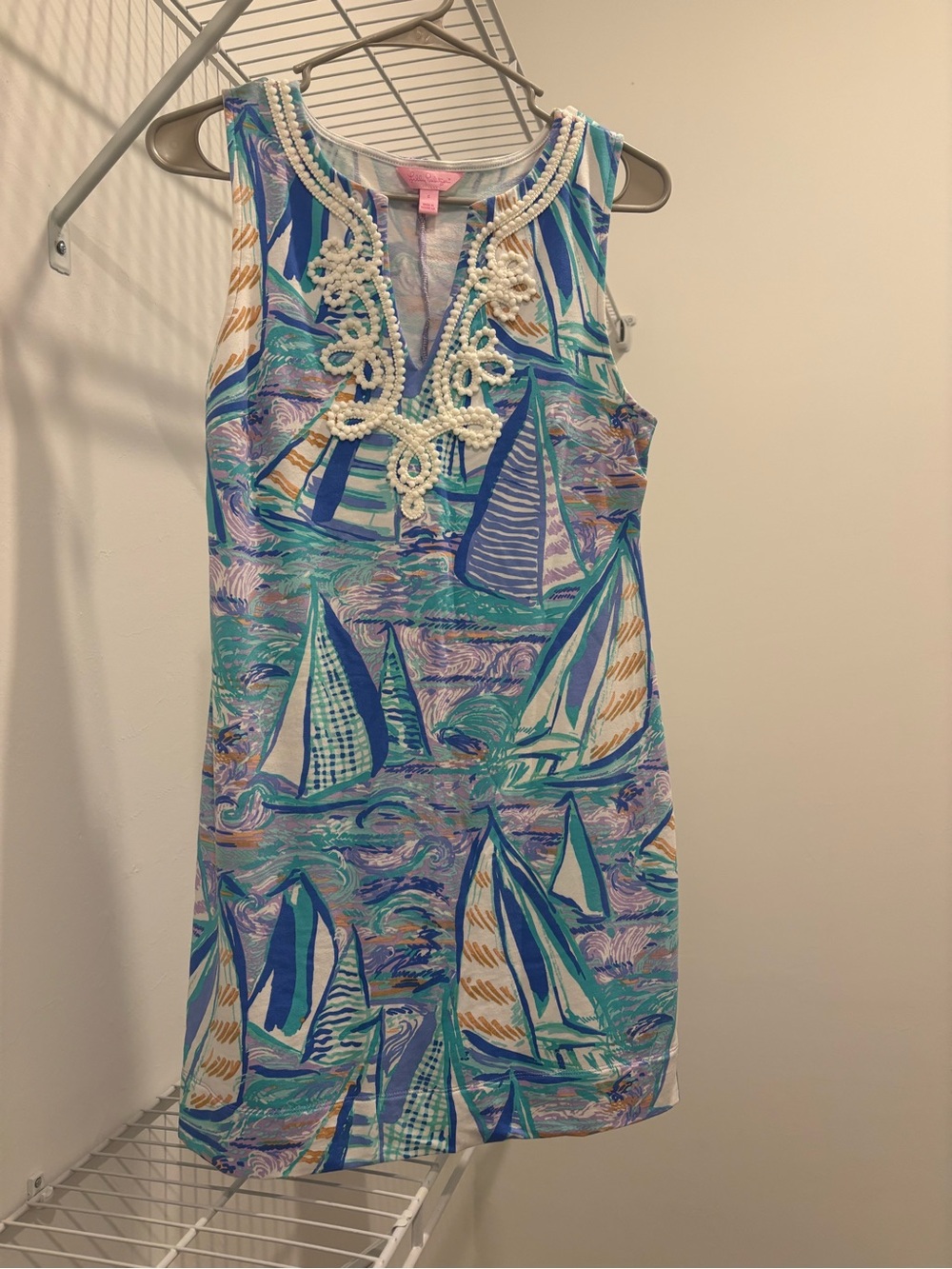 Lilly Pulitzer Sleeveless Sailboat Print Shift Dress w/ Cotton Embellished Neck.